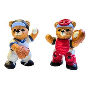 Homco Teddy Bears 3" Porcelain Figurines Catcher Pitcher Set Of 2